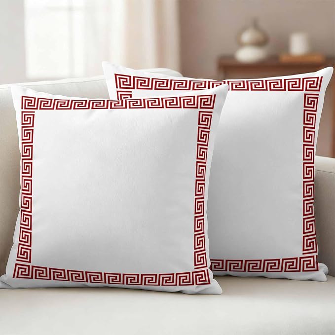 Outdoor Pillow Covers Set of 2, Greece Abstract Inspired Key Pattern Decorative Throw Pillow Covers 16X16IN, Red Twist Lines on White Throw Pillows Protector Cushion Case for Patio,Couch,Sofa,Garden