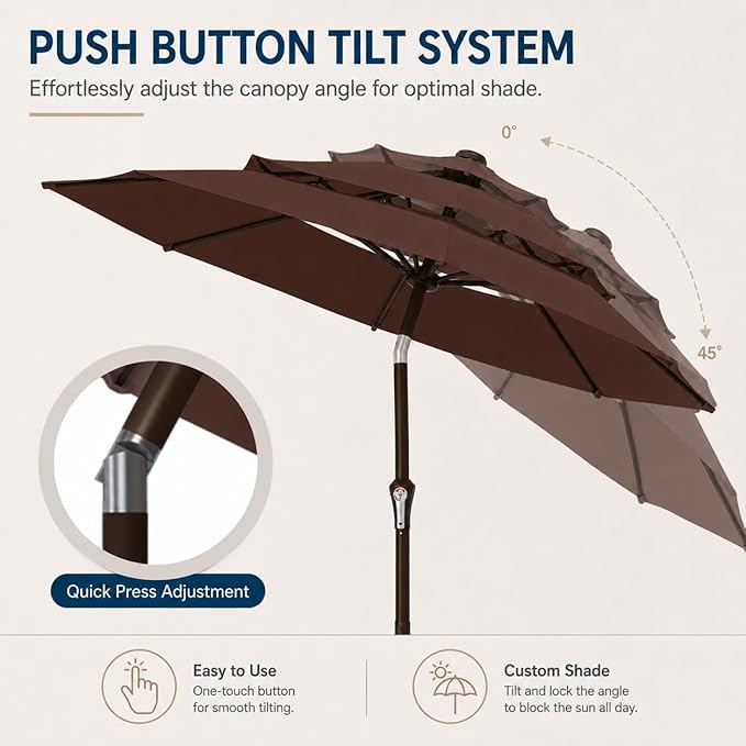10ft Patio Umbrella, 3-Tier Vented Outdoor Table Umbrella with 8 Sturdy Fiberglass Ribs, Windproof Market Umbrella with Push Button Tilt and Crank, UV Protection for Deck, Pool, Brown