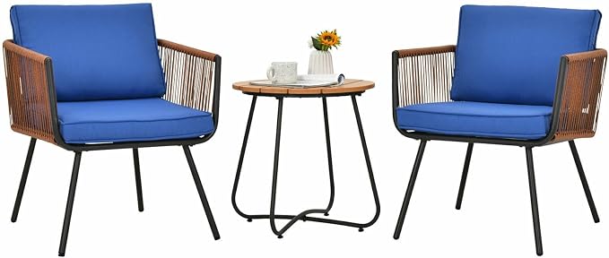 MARURY 3PC Patio Birsto Furniture Set, Outdoor Conversation Set, Cushioned Sofa Armrest Coffee Table Blue, for Porch, Garden, Balcony