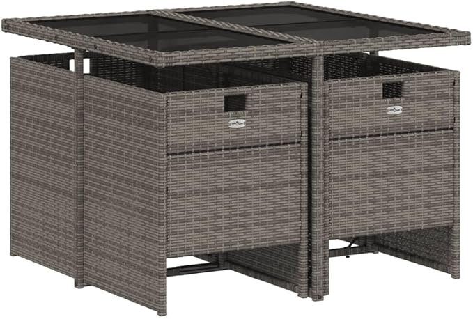 5 Piece Garden Dining Set with Cushions Grey Poly Rattan Outdoor Patio Furniture Space Saving Foldable Chairs Tempered Glass Table for Backyard Deck Al Fresco Dining