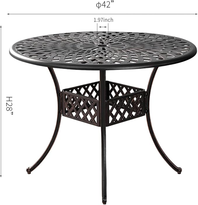 42 Inch Cast Aluminum Round Patio Table,Outdoor Patio Dining Table with 1.97" Umbrella Hole,All Weather Bistro Table for Garden,Bronze