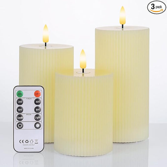 Flickering Flameless Candles with Remote, Real Wax Battery Operated Candles with Timer, 3D Wick Ivory Striped Fake LED Candles for Christmas Home Wedding Party, Gifts for Mom, Set of 3