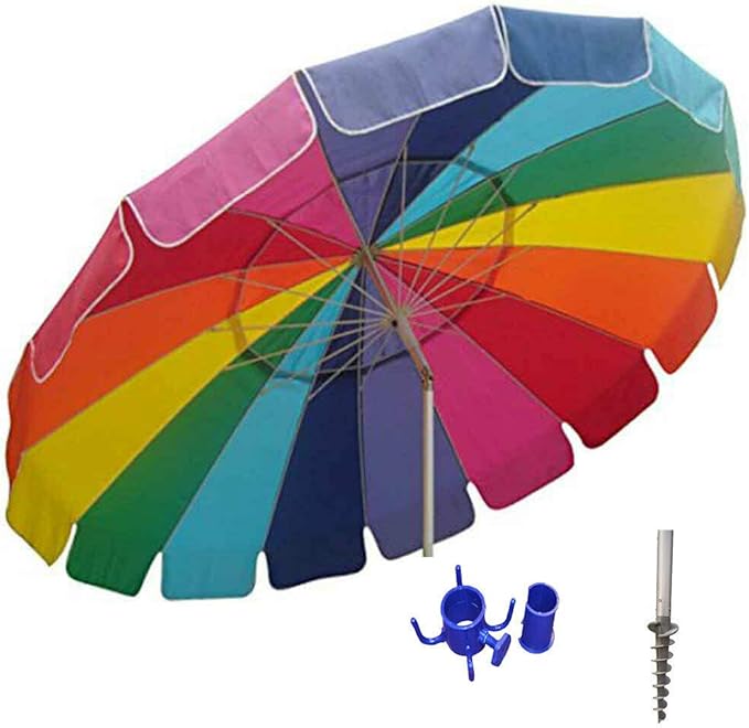 Impact Canopy 8' Beach Umbrella with Umbrella Towel Hook, UV Protected, Vented, Tilt Pole, Sand Anchor, Carry Bag, Rainbow