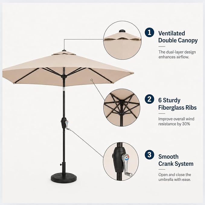 7.5ft Patio Umbrella, Outdoor Table Market Umbrella with Smooth Crank Lift, 6 Windproof Fiberglass Ribs, UPF50+ UV Protection for Deck, Pool, Garden and Backyard