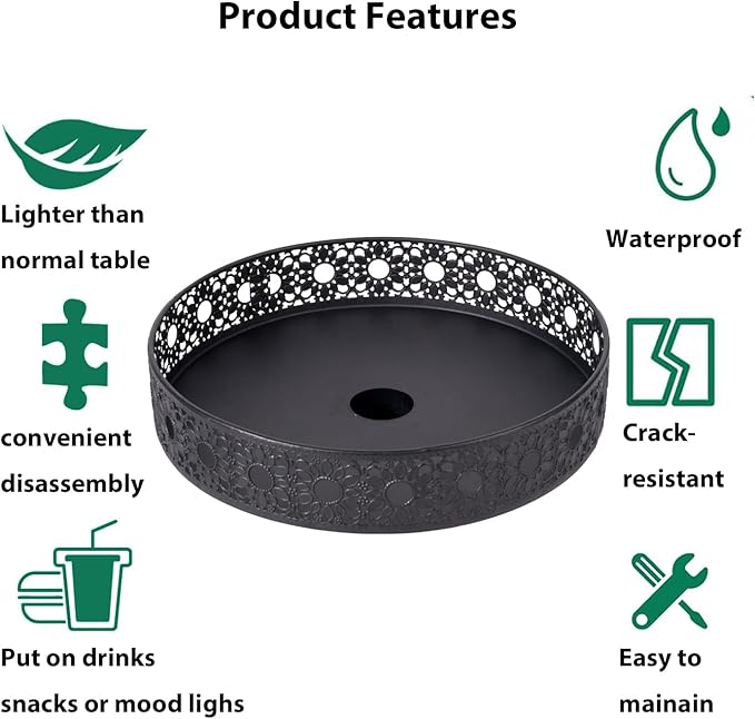 11'' Patio Umbrella Table Tray for Outdoor, Portable Round Table Tray with Umbrella Hole for Beach Patio Garden Pool Umbrella, Hollow Sunflower Shape, Black