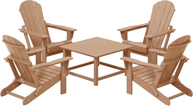 Costaelm Patio Conversation Set, 5 Piece Balcony Furniture, Small Patio Firepit Furniture Outdoor Adirondack Square Coffee Table and Chair for Backyard Lawn Porch Pool Garden, Teak