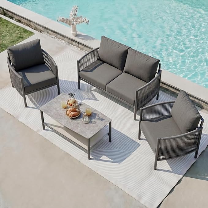 Aluminum Patio Furniture Set, 4 Seats Modern Outdoor Sectional Furniture with PE Rope & Dual-Layer Coffee Table, Luxury Patio Conversation Sets with 6" Cushions for Backyard/Garden, Charcoal