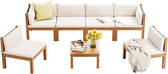 Greesum 7 Piece Outdoor Acacia Sofa Waterproof Cushions and Table, Padded Patio Conversation and Chairs Set for Garden, Backyard, Poolside, Beige