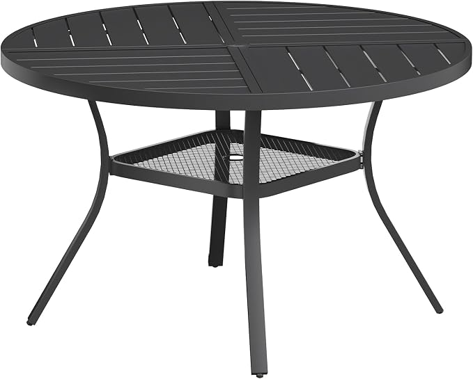 VICLLAX Round Patio Table with Adjustable Umbrella Hole for 6, All Weather 47.2" Metal Outdoor Dining Table for Lawn Garden, Black