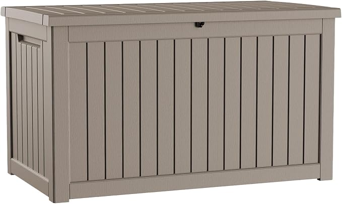 AmaVins Outdoor Storage Box, 230 Gallon Deck Box Indoor and Outdoor Use, Waterproof Resin Storage Bin for Package Delivery, Patio Cushions, Gardening Tools, Lockable, UV Resistant, Light Coffee