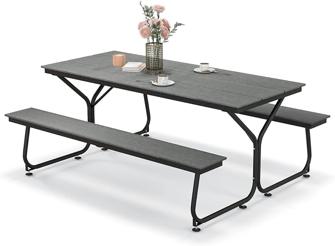 Tangkula 6 Ft HDPE Picnic Table, Plastic Picnic Table with 2 Benches, Umbrella Hole, Heavy-Duty Metal Frame, 8 Adjustable Foot Pads, 6-8 Person Outside Table Bench Set, 2550 lbs Capacity