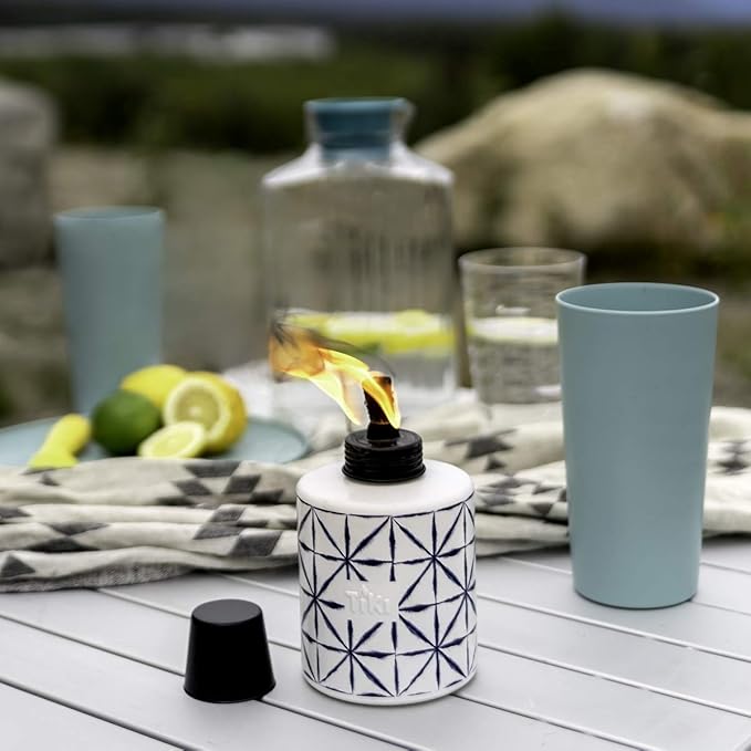 TIKI Glass Tie-Dye Tabletop Torches, 3-Pack – Decorative Outdoor TIKI Torches for Patio, Backyard & Garden – Portable Tabletop Citronella Torches for Outdoor Lighting – Blue, 5.75-Inch