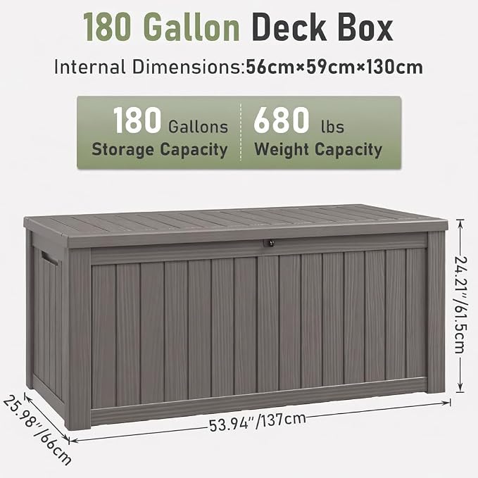 NUNU LAB 180 Gallon Outdoor Storage Box,Resin Large Sturdy Deck Box, Backyard Outside Storage Box Waterproof with Double Wall Panels,Package Delivery Garden Outdoor Hose
