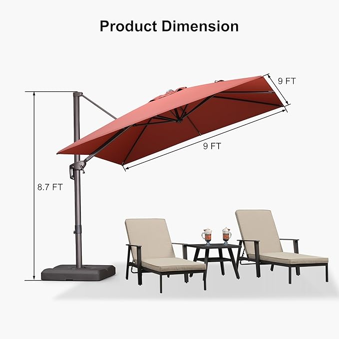 PURPLE LEAF 9' X 9' Patio Umbrella With Base Antique Bronze Square Cantilever Umbrella Outdoor with 360° Rotation and Aluminum Offset Hanging for Pool Deck Garden Backyard, Brick Red