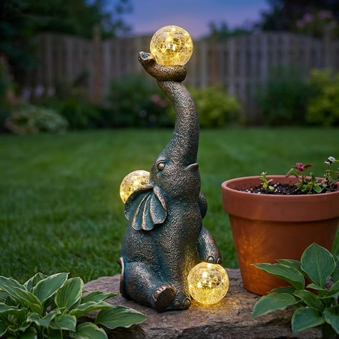Solar Elephant Statue Outdoor Decor with 15 LED Crackle Ball, Garden Patio Sculpture Light, Waterproof Lucky Elephant Gift for Mom, Housewarming, Birthday, Yard & Porch Decoration