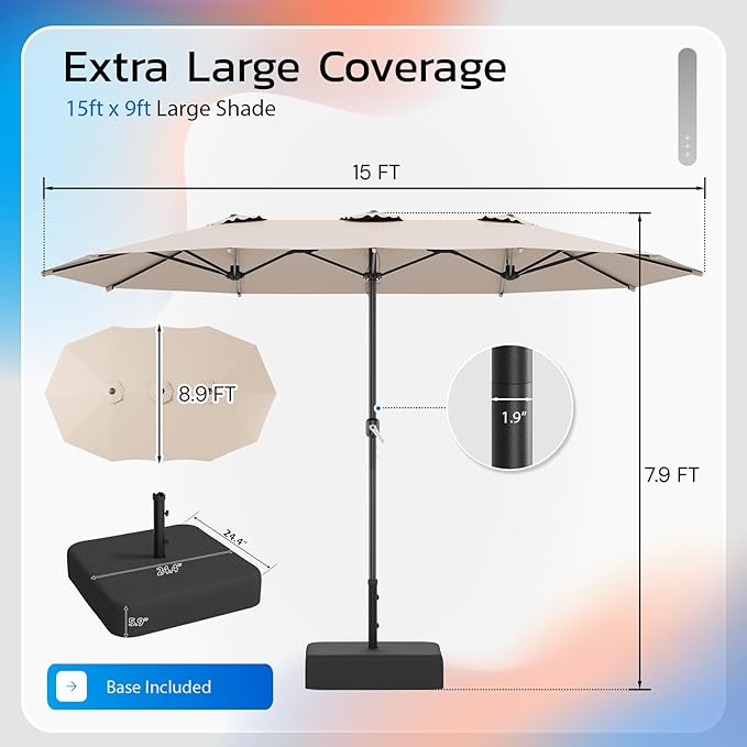 AECOJOY 15x9ft Patio Umbrella with Base Included, Outdoor Double-Sided Rectangle Umbrella with Crank Handle, Market Umbrella for Deck Pool Patio Garden(1.9" Pole, Beige)