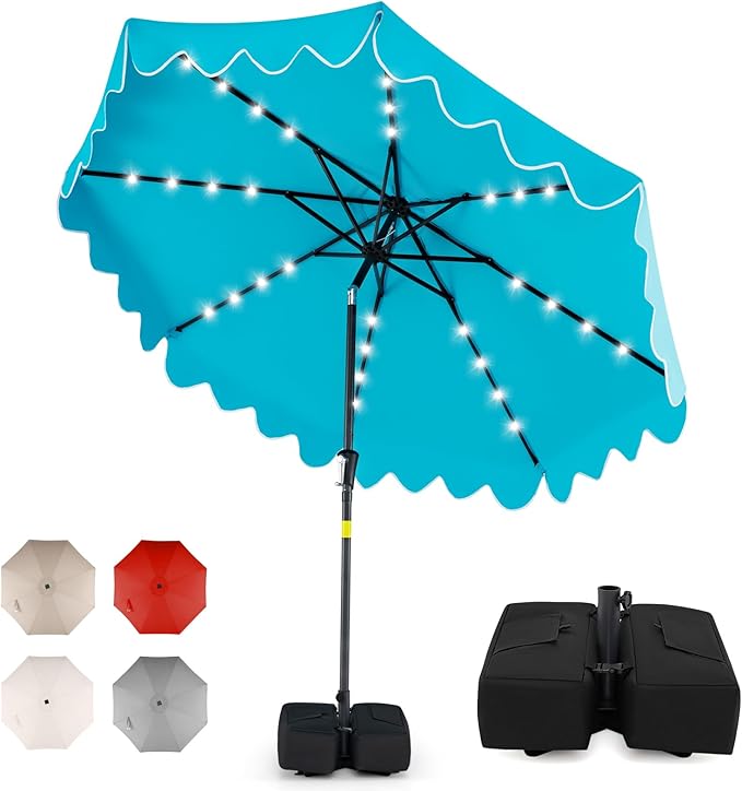 Tangkula 9 FT Solar Patio Umbrella with Base Included, 2-Tiers Outdoor Scalloped Table Umbrella with 32 LED Lights, 2 Sandbags, Tilt Adjustment, Crank, 8 Ribs for Market Backyard Pool Deck Beach Lawn