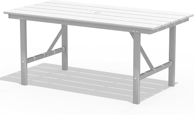 PLUUV 66" Outdoor Dining Table, All-Weather HDPE Rectangular Patio Table with 2” Umbrella Hole, Weatherproof, White