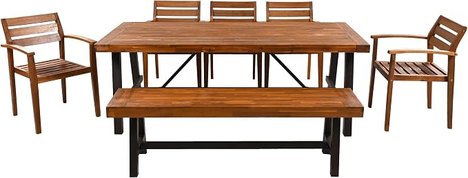 Merax Patio Table and Chairs Set for 8, Outdoor Dining Set Includes 78.7" Thicker Acacia Wood Patio Table, 5 Patio Chairs with Cushions and 1 Bench for Backyard, Courtyard, Poolside, Natural
