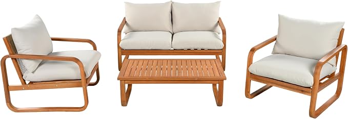 Christopher Knight Home Coddy 4-Seater Patio Furniture Set with Coffee Table, 4 Piece Outdoor Acacia Wood Conversation Set with Cushion, Sold Wood Outdoor Sectional Sofa Set, Beige+Natural