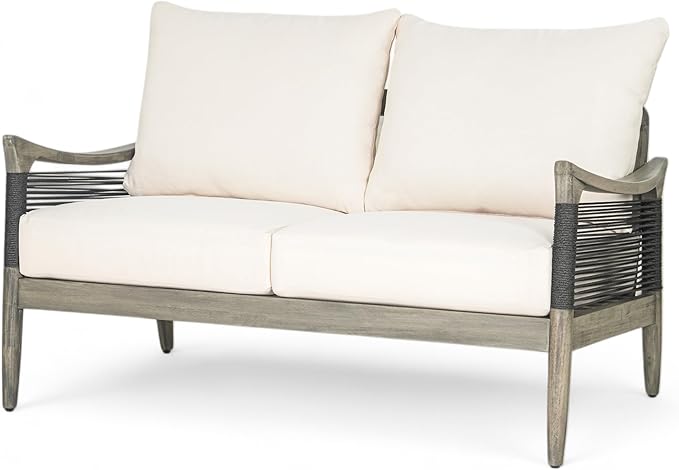 Christopher Knight Home Havets 2 Piece Patio Conversation Sets, Outdoor Acacia Wood Patio Seating Group,Woven Rope Loveseat with Cushions and Coffee Table for Porch Garden Backyard Balcony, Gray+Beige