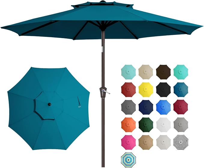 JEAREY 9' 2-Tiers Patio Umbrellas Outdoor Table Market Umbrella w/Push Button Tilt/Crank, 8 Sturdy Ribs, UV Protection Waterproof Sunproof(Cerulean)