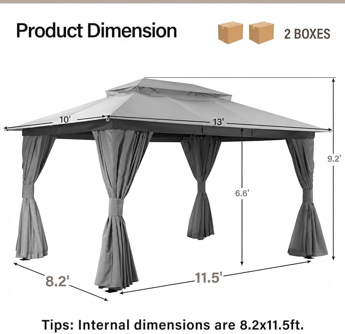 LAUSAINT HOME Patio Gazebo 10'x13', Outdoor Heavy Duty Party Tent Shelter with Double Roofs, Mosquito Nettings and Privacy Screens for Backyard, Garden, Lawn, Gray