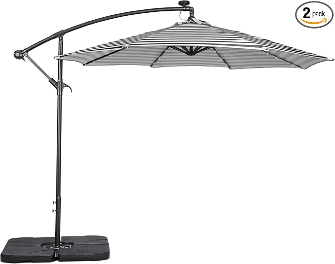 WO Home Furniture Patio LED Umbrella Set of 3 PCS 10ft Cantilever, Stand Kit, & 4 PCS Base Weights (Gray White Stripe)
