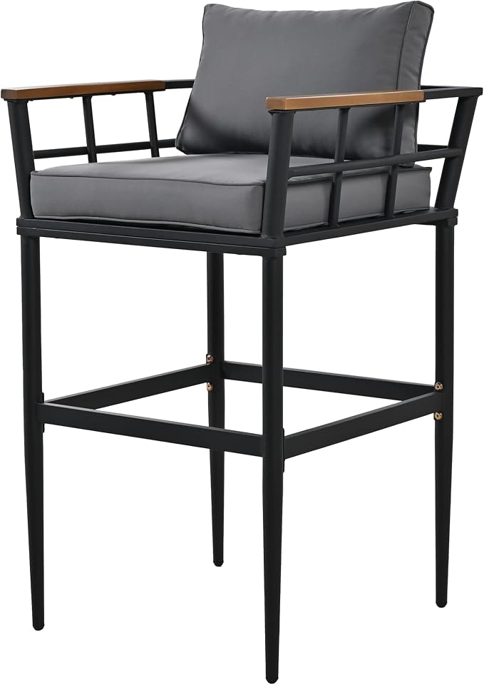 5-Piece Patio Dining Set, Steel Outdoor Dining Table and 4 Cushioned Chairs with Acacia Wood Armrest, Modern Conversation Furniture for Courtyard,Garden, Balcony (Black+Steel, 5-Piece)