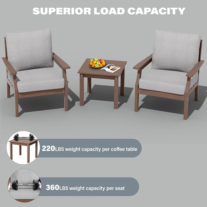 HDPE Patio Conversation Set, 3-Piece All Weather Outdoor Furniture Set with 2 Single Sofas for Deck, Lawn, with Cushion, Brown
