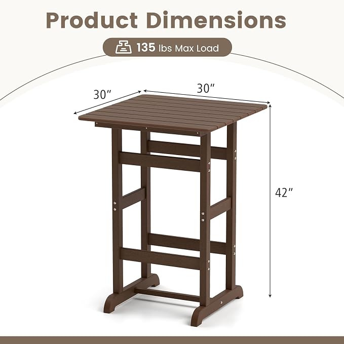 Tangkula 30" x 30" Square Bar Table, Patio HDPE Bar Height Dining Table w/Slatted Tabletop, Outdoor All-Weather High-Top Bistro Table for Poolside, Backyard, Balcony