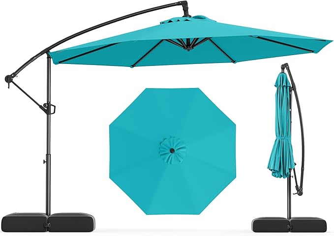 Tangkula 10ft Patio Umbrella with Base Included, Offset Cantilever Outdoor Umbrella with Infinite Tilt, 360 Degree Rotation, Crank Handle, Sun-Protective Canopy for Pool Deck Garden Backyard (Turquoise)
