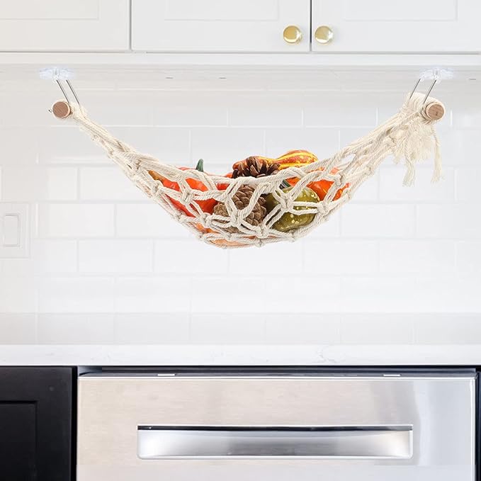 Hanging Fruit Hammock Under Cabinet Hanging Basket Includes Hooks - Macrame Bohemian Hanging Banana Vegetable Hammocks Kitchen Storage Counter Space Saving Decoration at Home, Boat (Style B - 1 Pack)