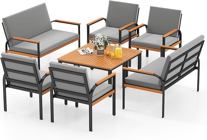 Tangkula 8 Pieces Patio Furniture Set, Outdoor Conversation Set with Acacia Wood Coffee Table, Cushioned Loveseat & 2 Single Armrest Chairs, for Porch, Garden, Backyard, Poolside