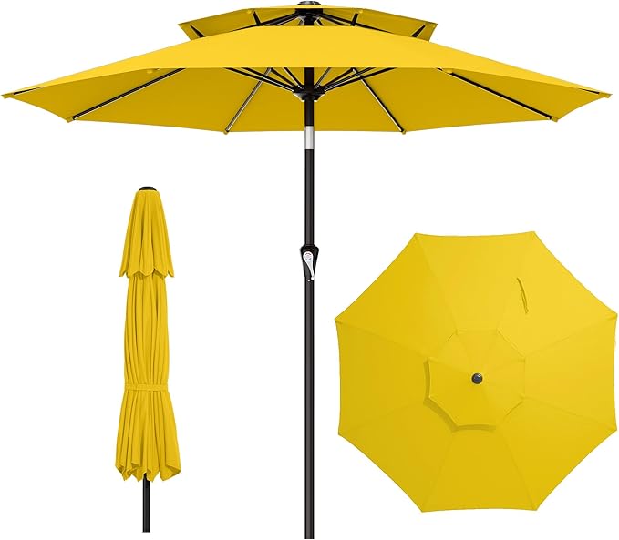 AreShark 9ft 2 Tiers Patio Umbrella - Outdoor Umbrella Waterproof UV Protection, Market Table Umbrella w/Push Button Tilt&Crank for Pool, Porch, Garden(Yellow)