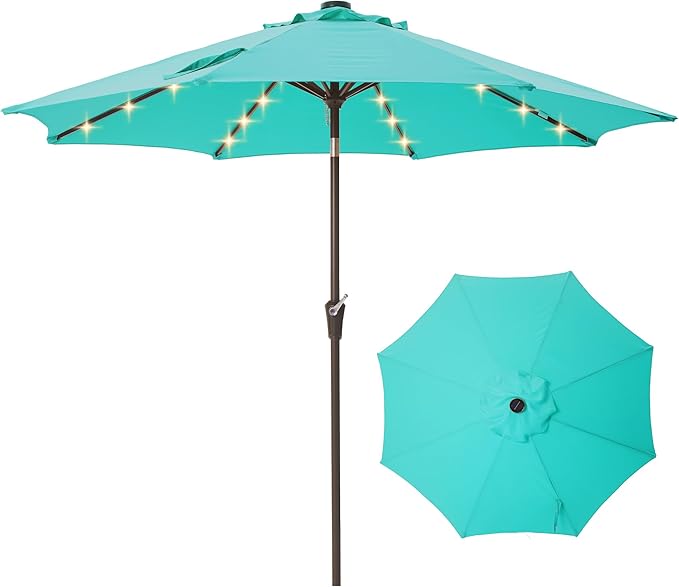 9FT Solar-Powered LED Patio Umbrella with Tilt Crank,Outdoor Market Umbrella with 32 Lights,Sunshade for Deck, Garden and Pool