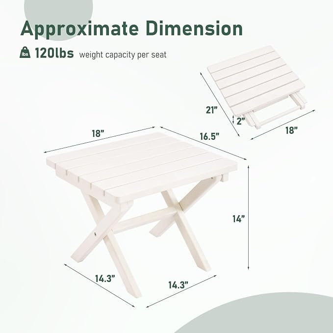 Furnimart 18" Square Foldable Side Table for Outdoor & Camping, Extra-Thick HDPE Weather-Resistant Small Coffee Table, Portable White Outdoor End Table for Balcony Poolside Space Saving(White)