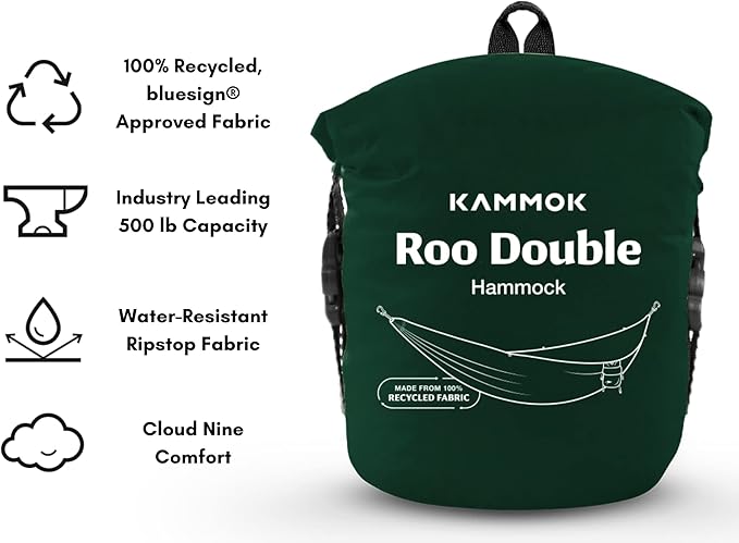 KAMMOK: Roo Double Hammock +Python 10' Bundle | Our Bestselling Hammock & Tree Friendly Straps | 100% Recycled Water Resistant Ripstop Fabric | Lifetime Adventure Grade Warranty, Pine Green