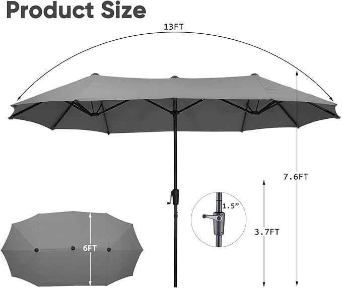 13Ft Large Patio Umbrella Outdoor Double-Sided Market Umbrella w/Easy Crank for Yard, Poolside, Deck, Gray