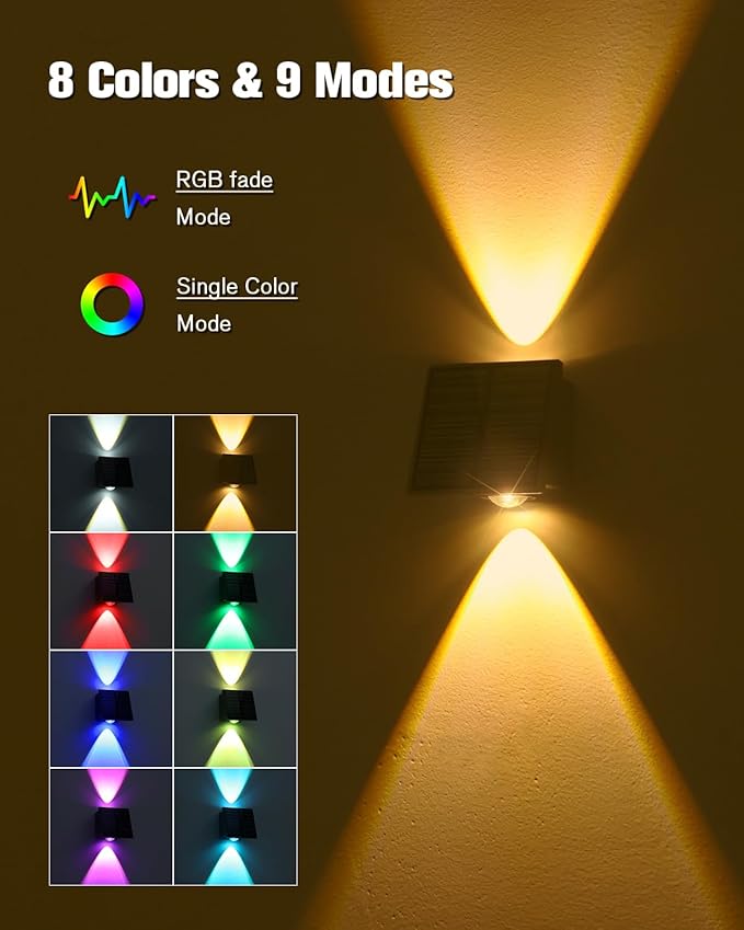 VOLISUN Solar Fence Lights 12 Pack, Color Glow LED Up and Down Wall Lamp, IP65 Waterproof Solar Lights Outdoor for Patio, Backyard, Railing, Deck, Fence and Wall（2 Lenses）