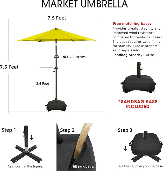 wikiwiki 7.5FT Patio Umbrella with Base, Outdoor Umbrellas with Base Included, 6 Sturdy Ribs, Waterproof Fade Resistant POLYESTER DTY Canopy for Deck, Lawn, Garden, Backyard & Pool, Yellow