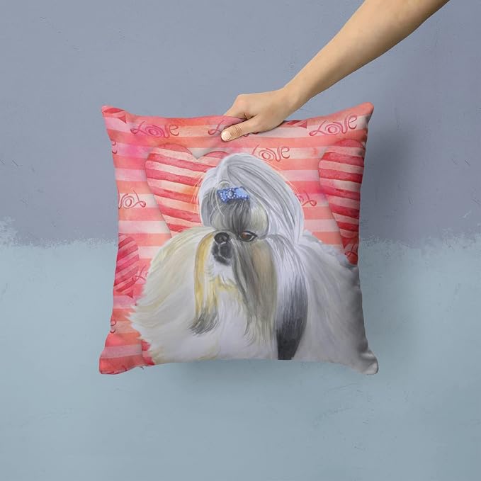 Caroline's Treasures BB9753PW1414 Shih Tzu Love Fabric Decorative Pillow, Red Machine Washable, Indoor Outdoor Decorative Pillow for Couch, Bed or Patio, 14Hx14W