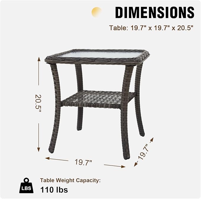 EAGLE PEAK Rustic Veranda Outdoor Wicker Side Table with Lower Storage, Rattan Coffee Table with Tempered Glass Top, Stonewash Gray