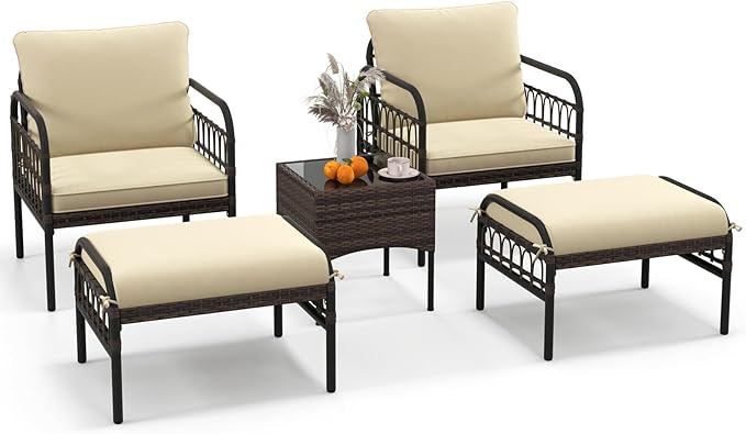Tangkula 5 Piece Patio Conversation Set, Outdoor Wicker Chair Set w/Ottomans & Coffee Table, Comfy Seat & Back Cushions, Patio Wicker Woven Furniture Set for Backyard, Poolside (Beige)