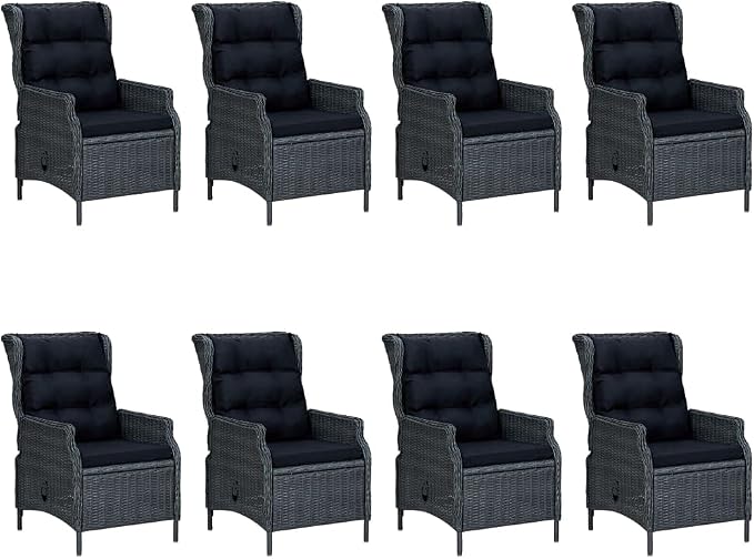 9 Piece Patio Dining Set with Cushions Poly Rattan Dark Gray | Powder-Coated Steel Frame, Solid Wood Tabletop, Adjustable Backrest, Easy to Clean