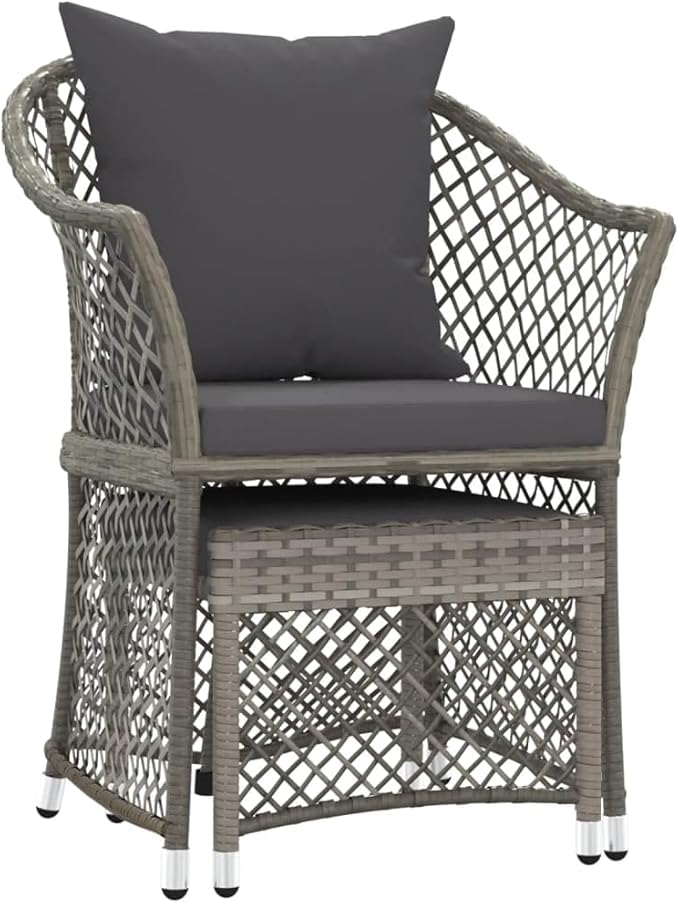 2 Piece Small Grey PE Rattan Garden Lounge Chair Set with Cushions, 16.5"x17"x14.4" Modern Compact Outdoor Patio Furniture for Balcony Apartment and Sunroom