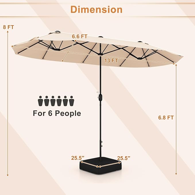 Giantex Patio Umbrella with Base, Double-Sided Outdoor Umbrella with Crank Handle, Umbrella Base Stand with 2 Sandbags, 12 Metal Ribs, Market Umbrellas for Garden Poolside Deck
