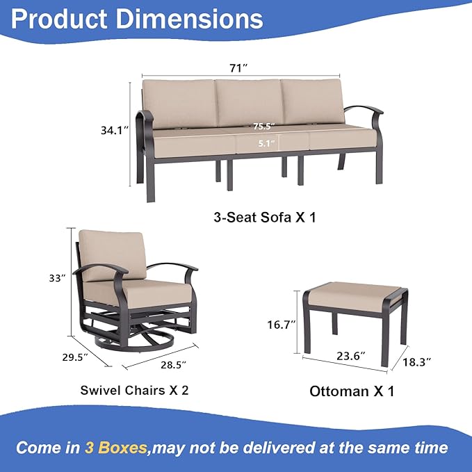 ALAULM Aluminum Patio Furniture Set with Swivel Chairs 7-seat Metal Outdoor Furniture Patio Sectional Sofas w/2 Ottomans for Porch, Backyard, Poolside-Sand