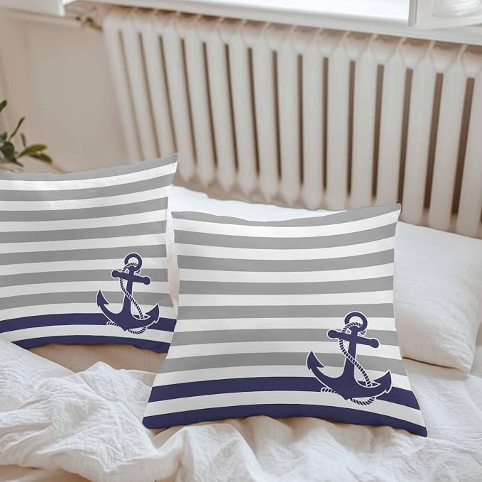 Throw Pillow Covers 24x24 Inch Set of 2, Anchor Gray Waterproof Outdoor Cushion Covers, Modern Navy Blue White Striped Nautical Decorative Pillowcases for Couch, Sofa, Bed, Garden, Patio