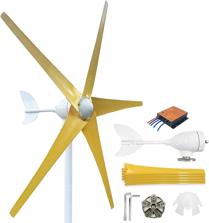 800W-1200W Wind Turbine Generator Kit - 12V/24V/48V with MPPT Controller & 5 Durable Yellow Blades, Pure Copper Core Windmill for Outdoor Renewable Energy Solutions.